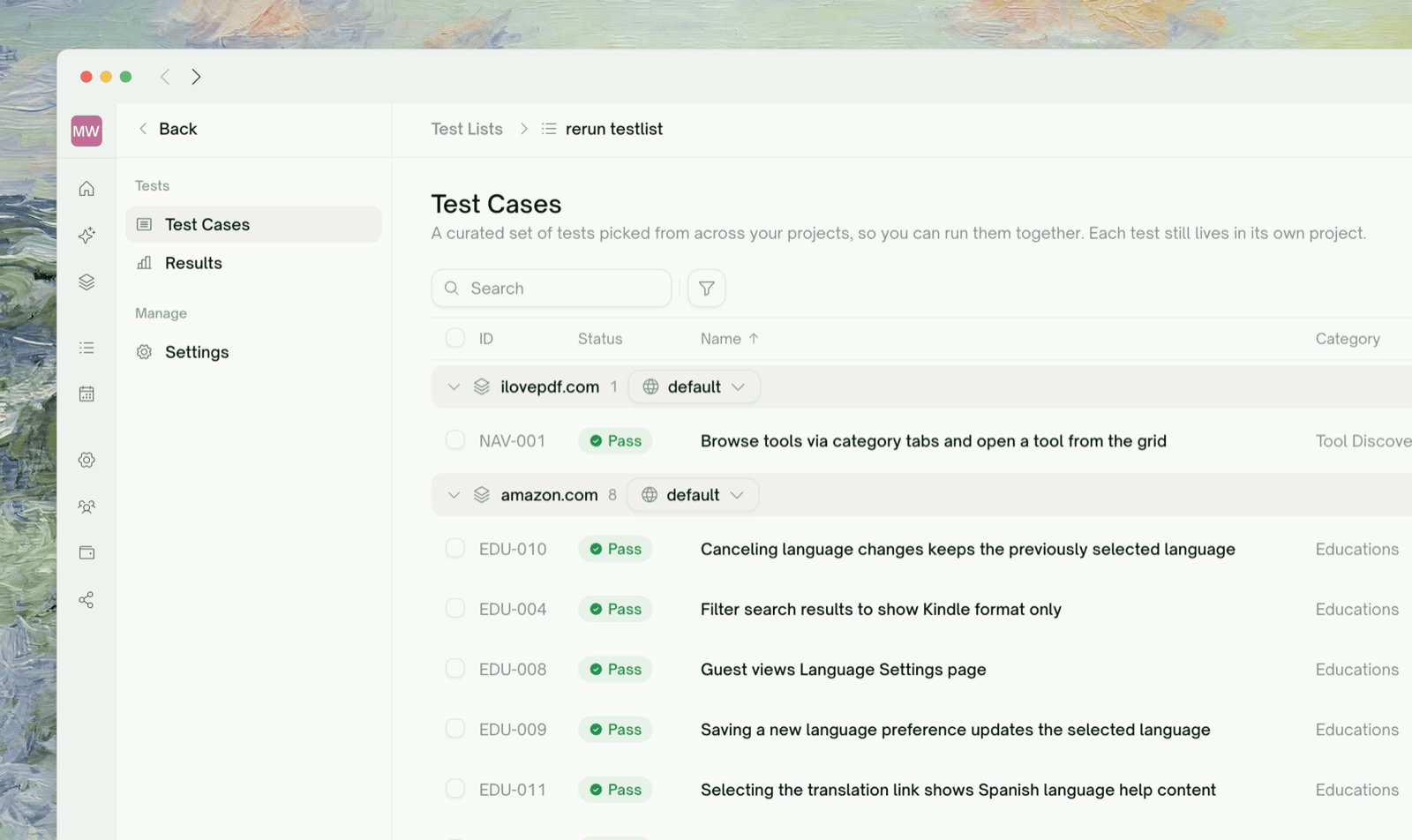 The Test Lists page — curated lists with their status and test counts