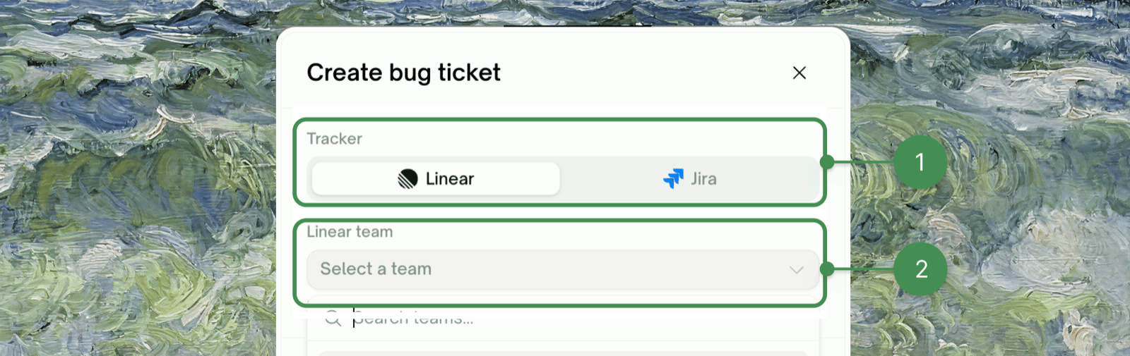 Create bug ticket dialog — Linear/Jira tracker toggle and a team picker