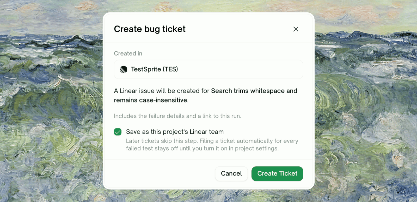 Confirm step — Created in TestSprite (TES), with a Save-as-default checkbox