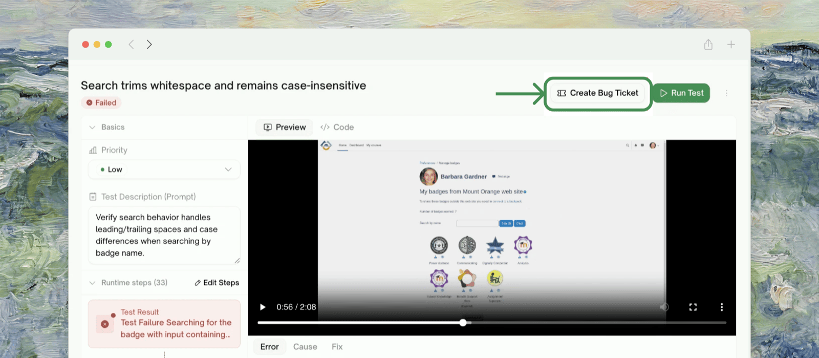 Create Bug Ticket button on a failed test case