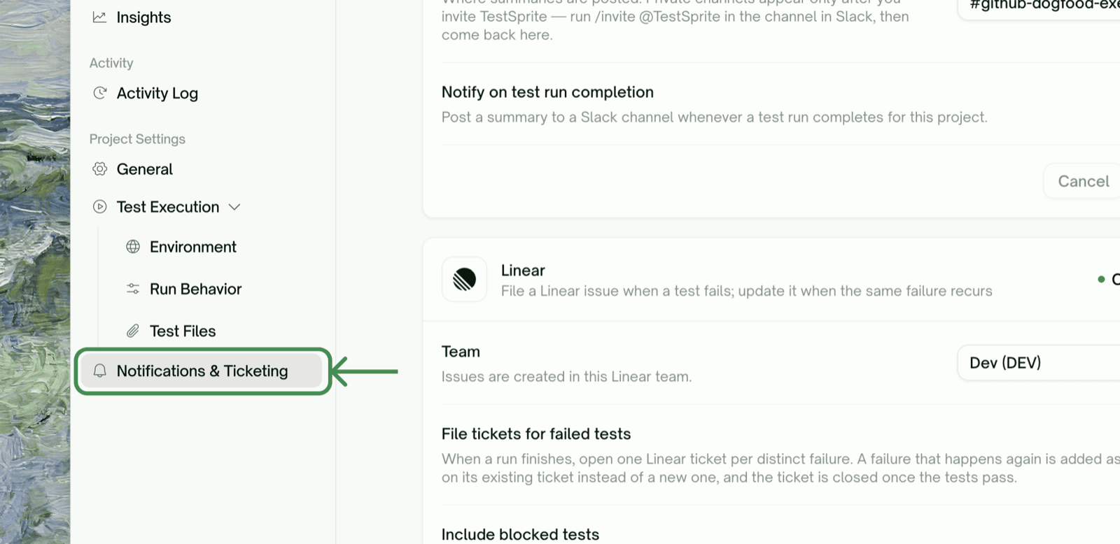Notifications & Ticketing settings — Linear and Jira cards with a File tickets for failed tests toggle