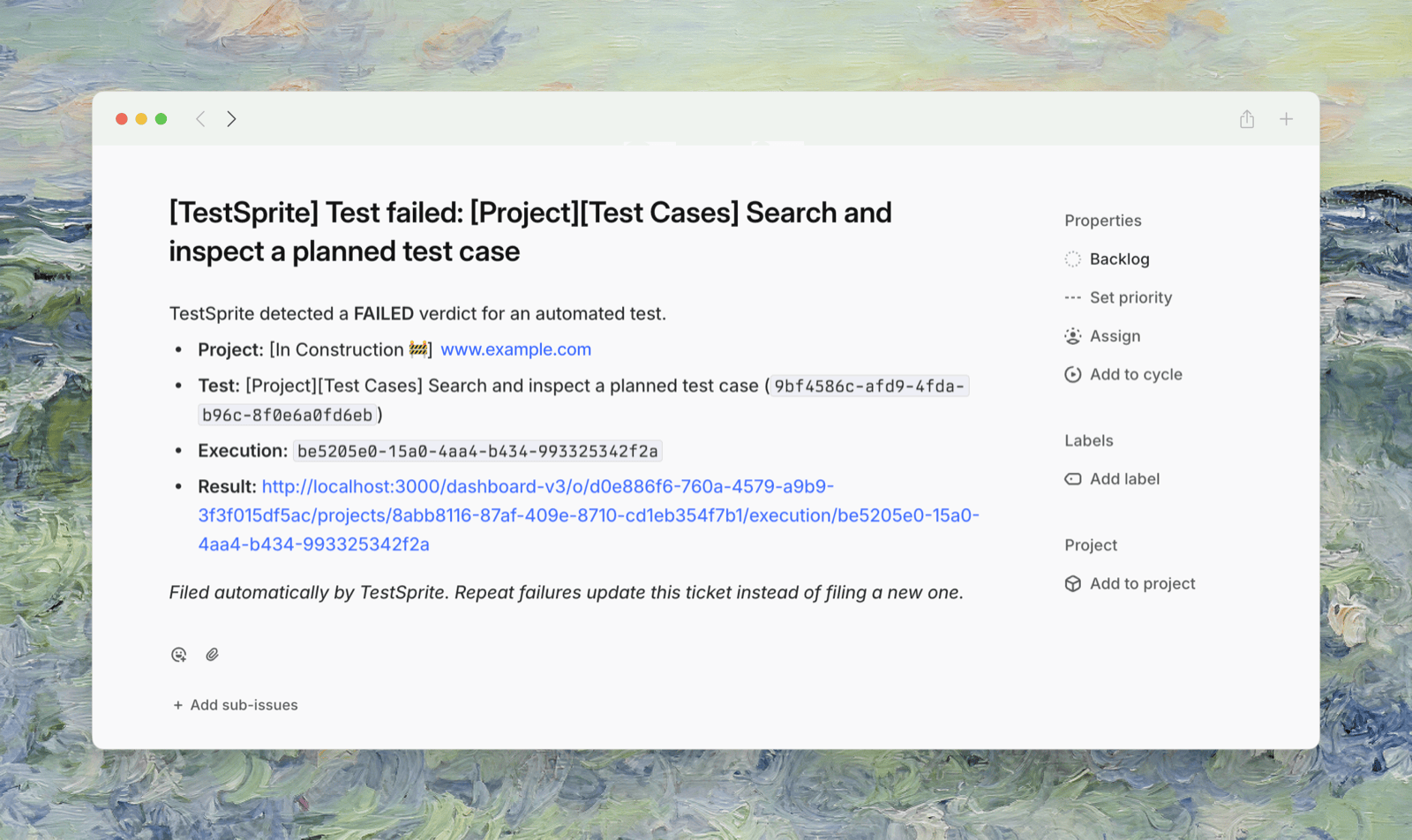 A failed test case with the Create Bug Ticket button in the top-right