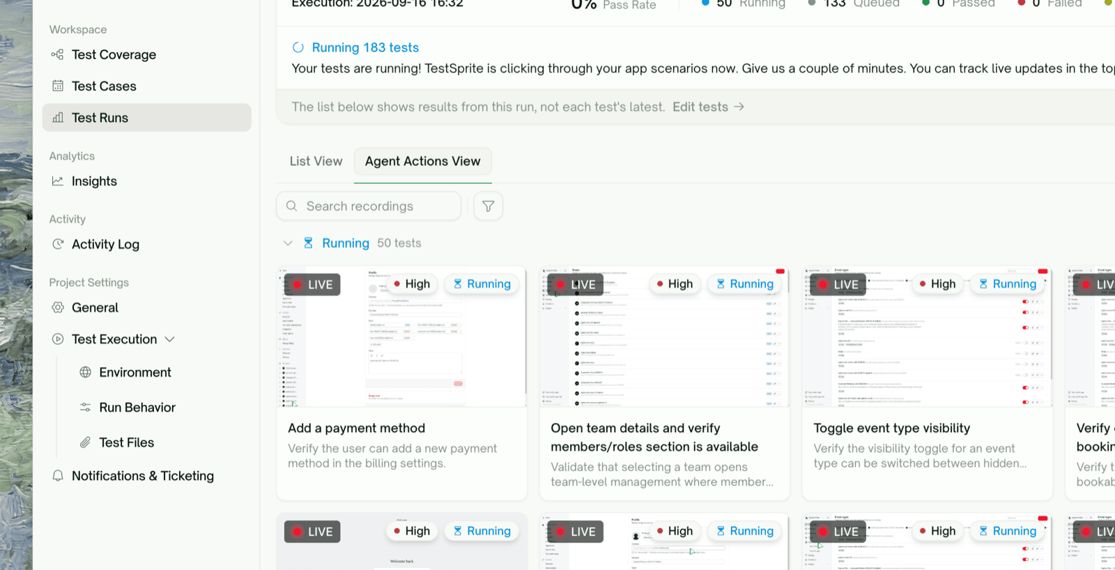 Agent Actions View with a running tile streaming live
