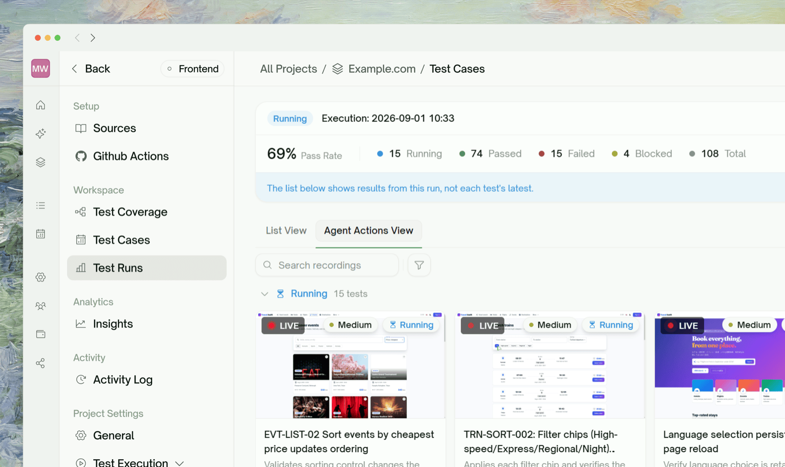 Agent Actions View tab showing live and finished test tiles for a run