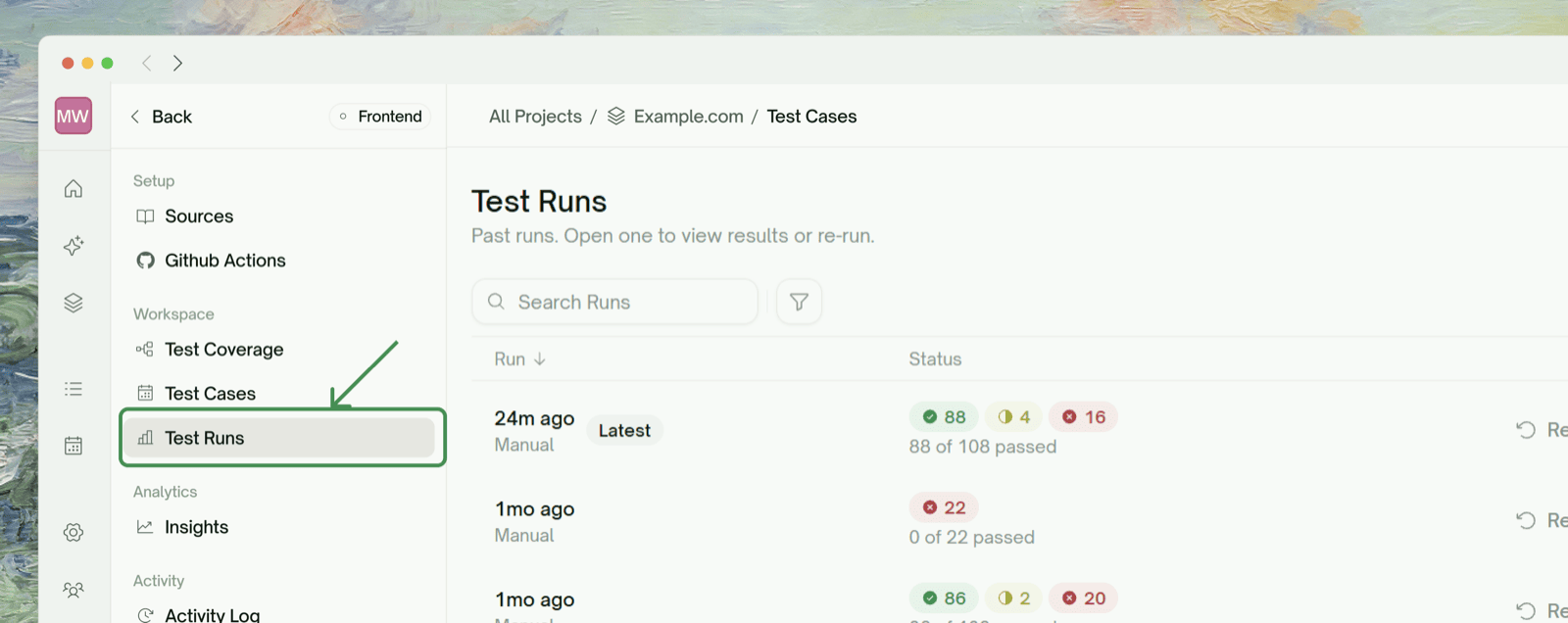 Test Runs list: click into a run to open it