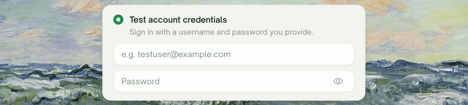 Test account credentials card expanded with username and password fields