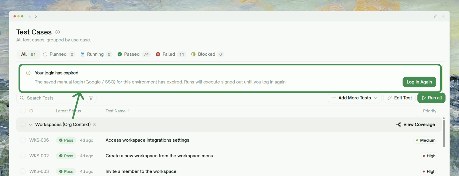 Manual login status card showing an expired session with a Log in again button