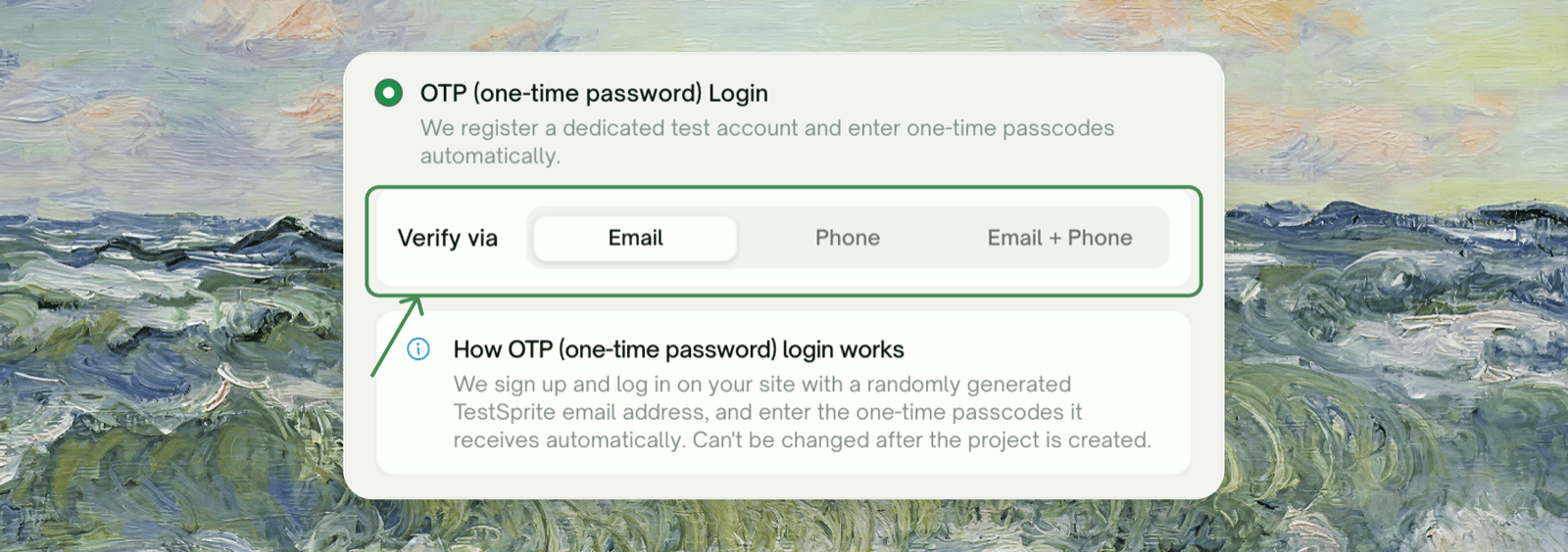 OTP Login card expanded showing Verify via Email / Phone / Email + Phone tabs