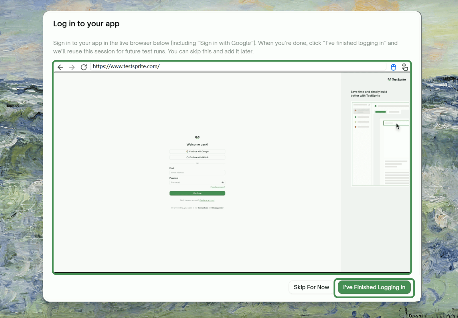 Signing in through Continue with Google inside the embedded live browser