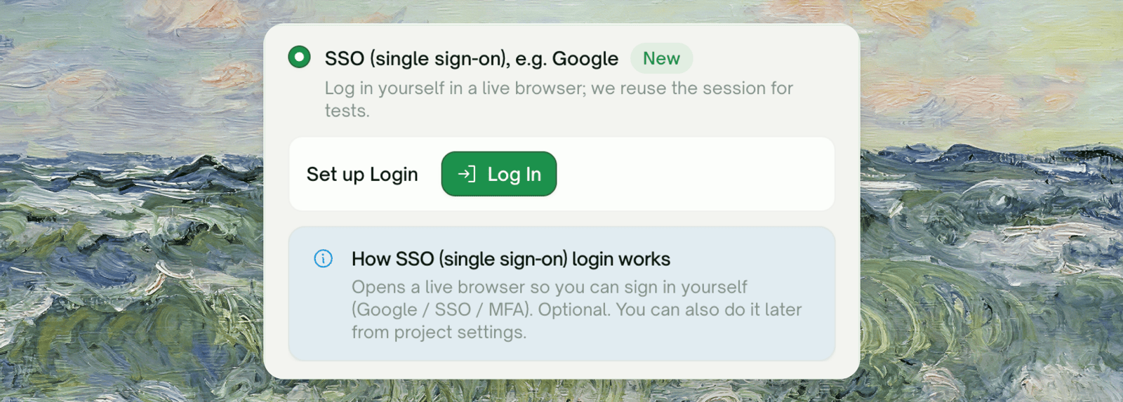 The SSO card selected, with its Set up Login button and a note on how SSO login works