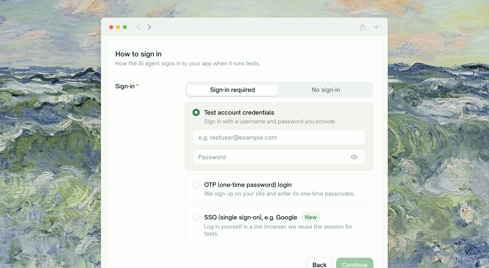 The test account and login method section on the UI project configuration step