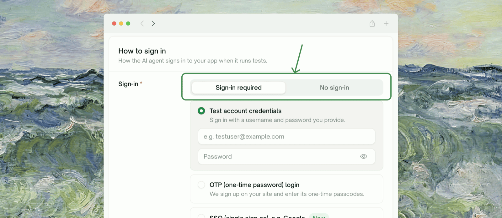 The Sign-in row with Sign-in required picked, and the Test account credentials, OTP login and SSO cards below it