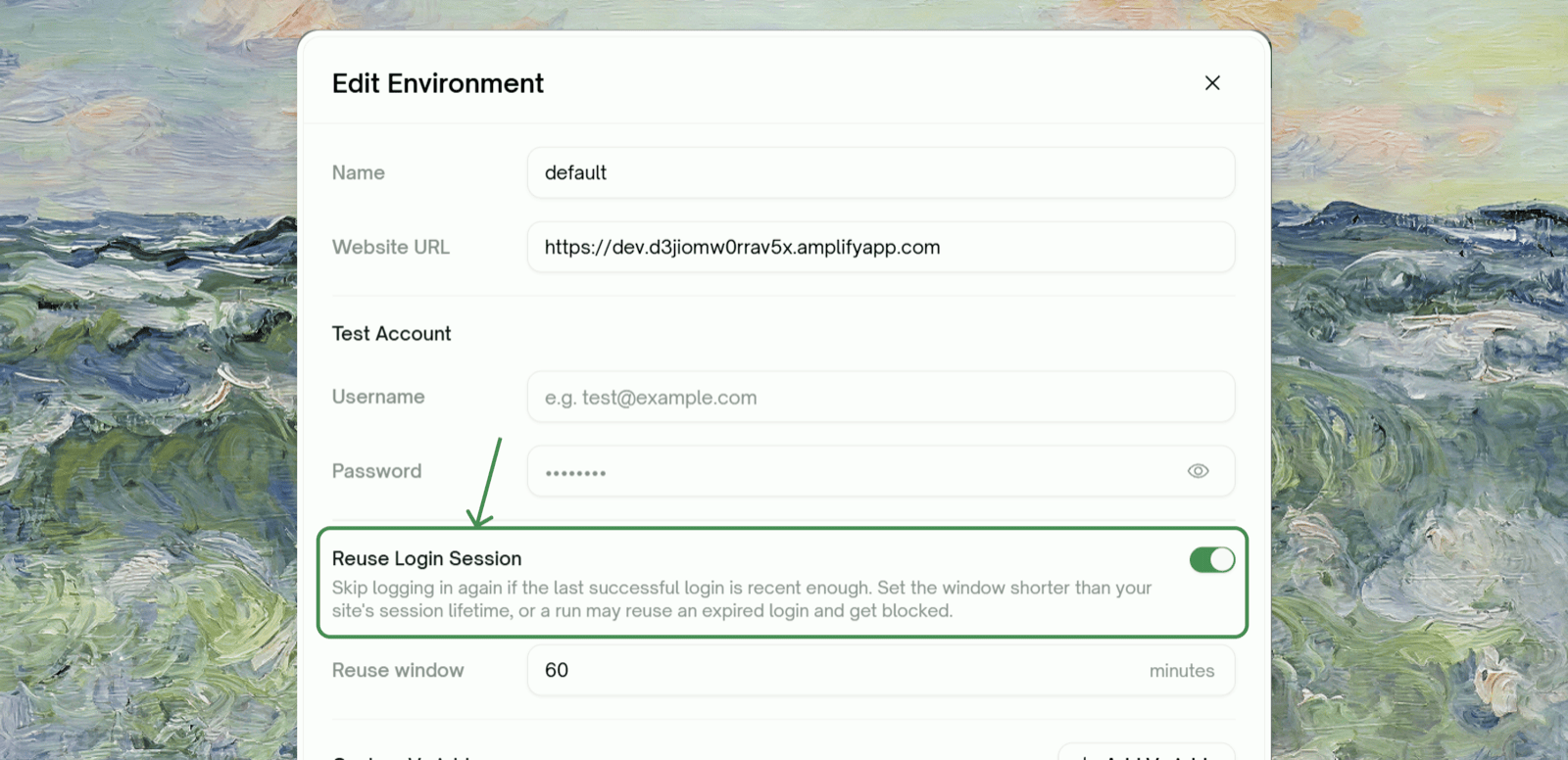 Reuse Login Session toggle with a reuse window field