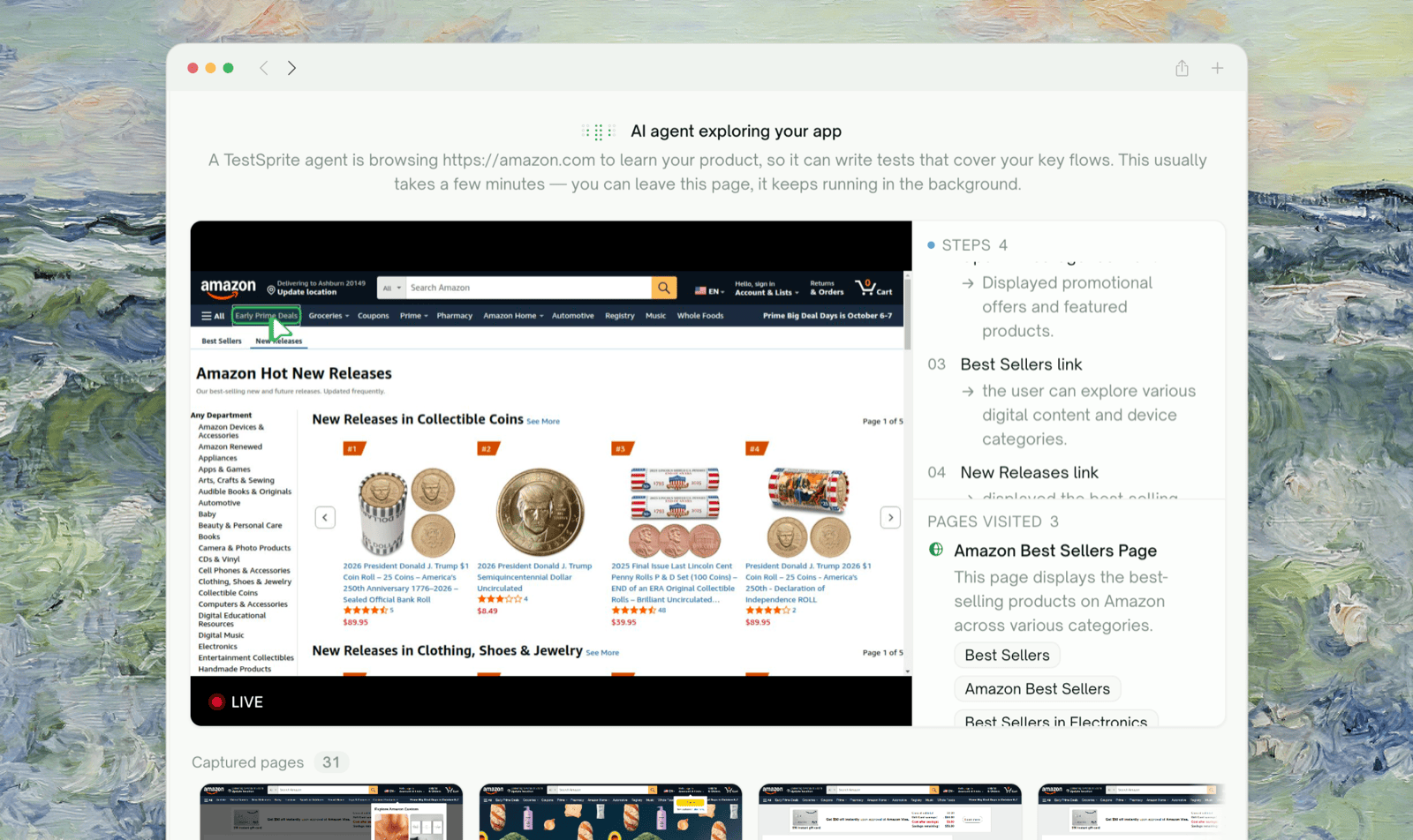 An AI agent exploring the app under test: live preview on the left, the steps it took on the right