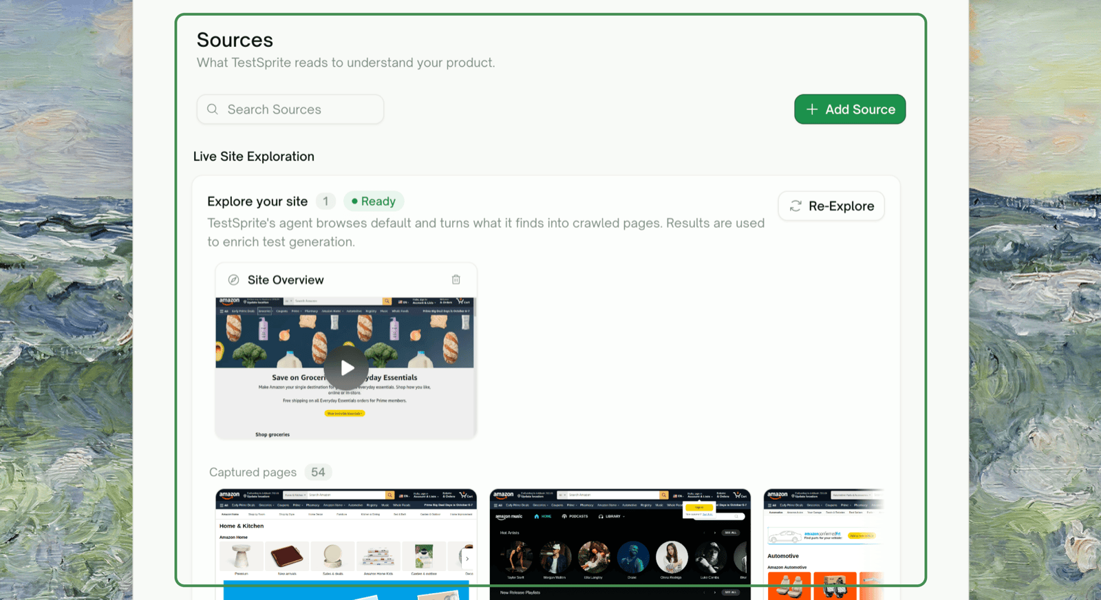 Sources page: Live Site Exploration with its status chip, recording, and Re-explore