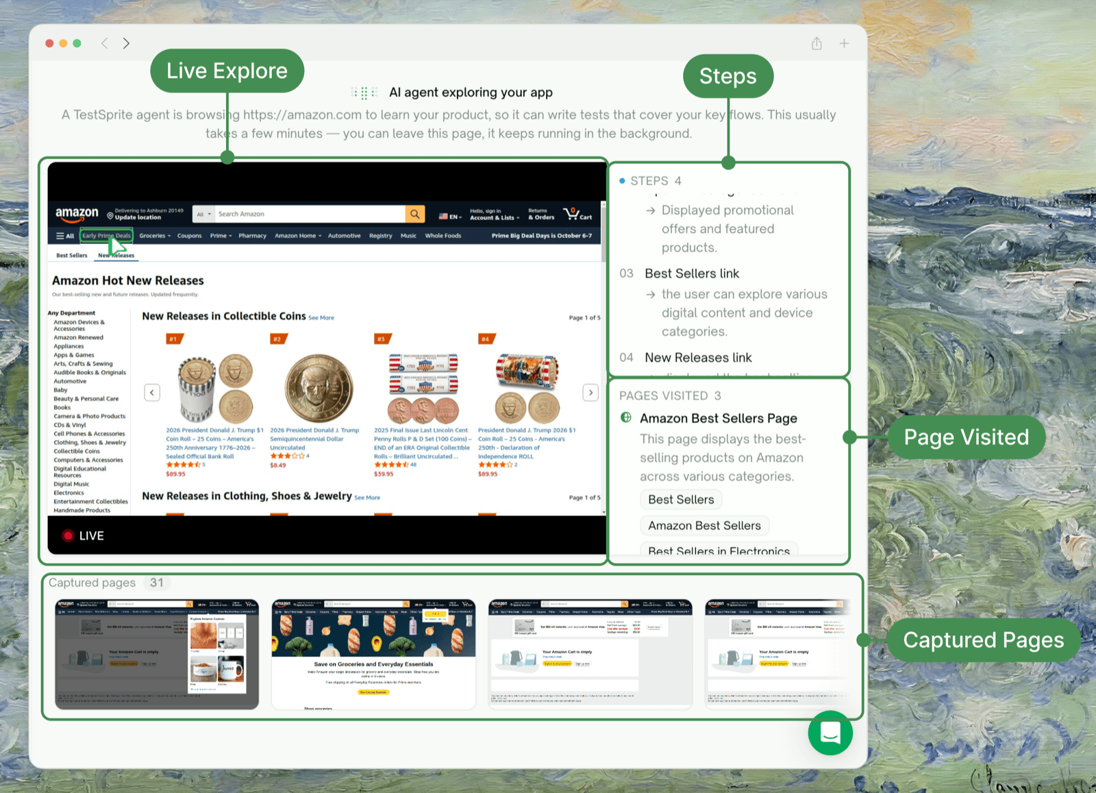 The exploration view with Live Explore, Steps, Page Visited and Captured Pages labelled