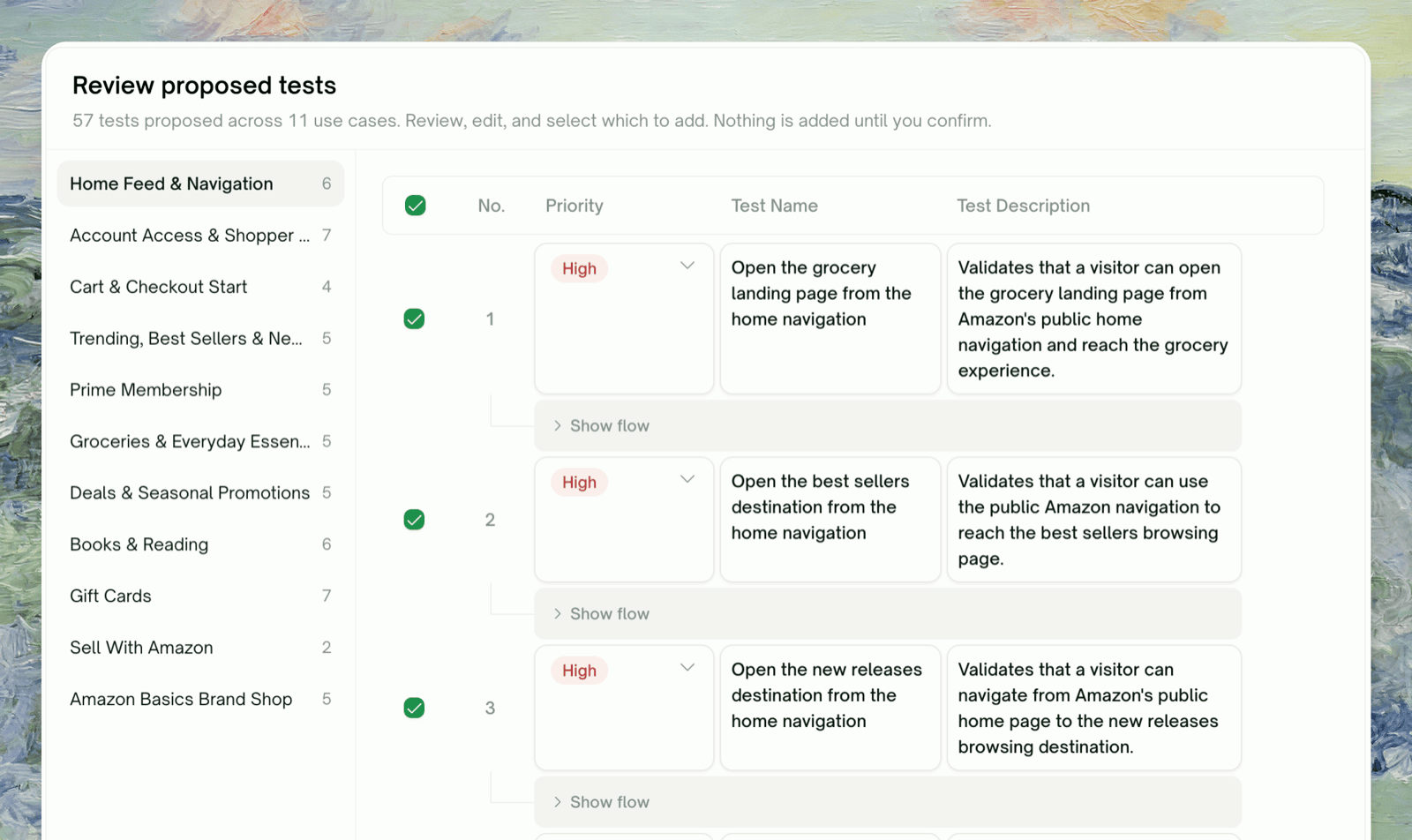 Review proposed tests: cases grouped by use case, nothing added until you confirm