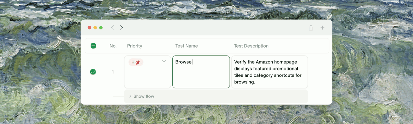 Test Name and Test Description edited directly as text inputs