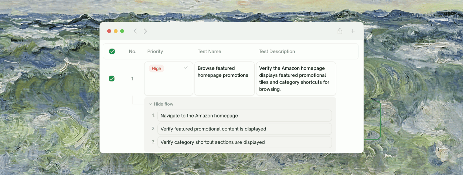 A plan row with priority, test name, description, and its step flow expanded