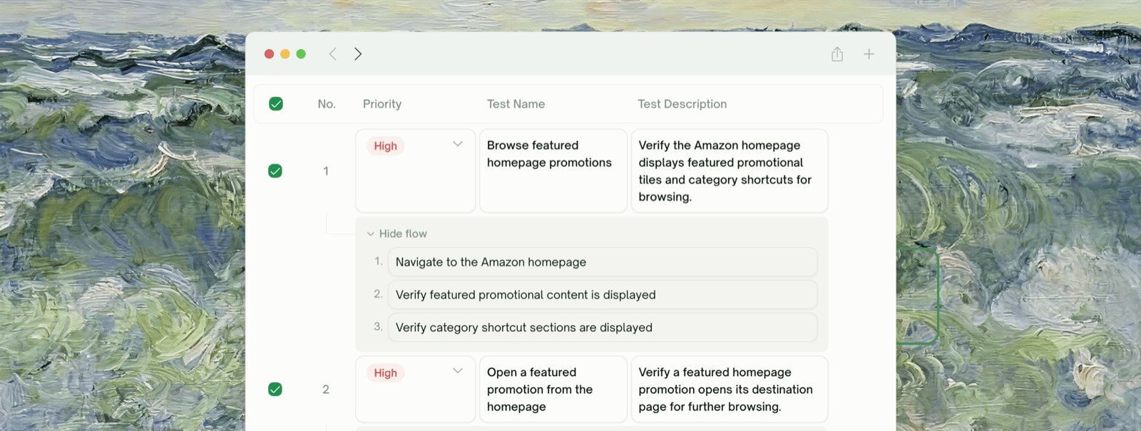 A plan row with Show steps expanded, revealing its Action / Assertion list