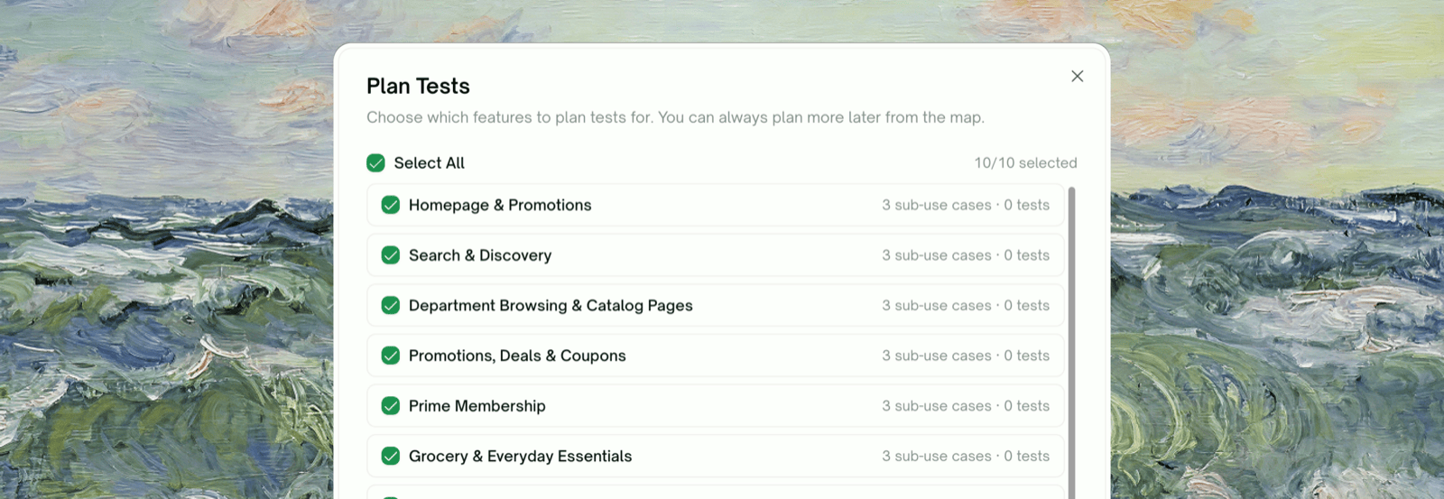 Plan Tests — choose which features to plan tests for