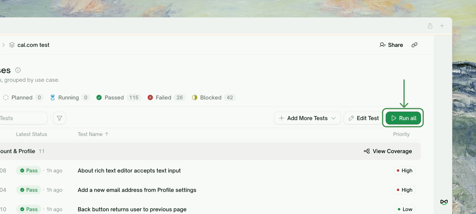 Run all on the Test Cases toolbar, queueing every test in the project