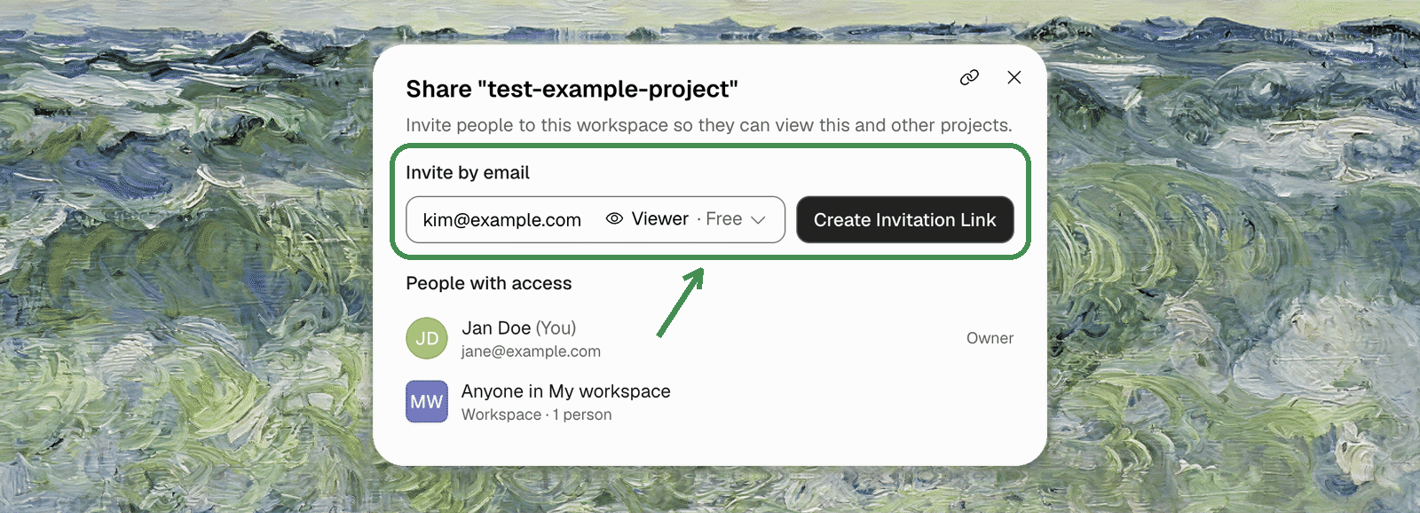 Share dialog — an email typed in with the role picker set to Viewer