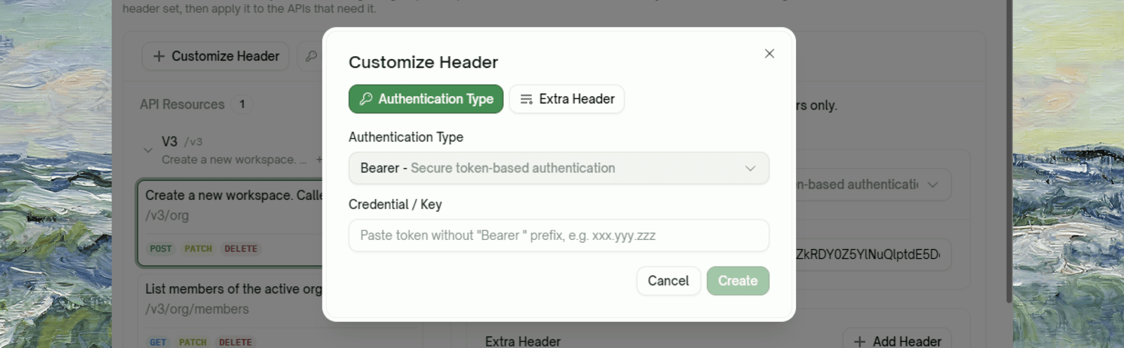 Customize Header dialog — Authentication Type kind with Bearer credential