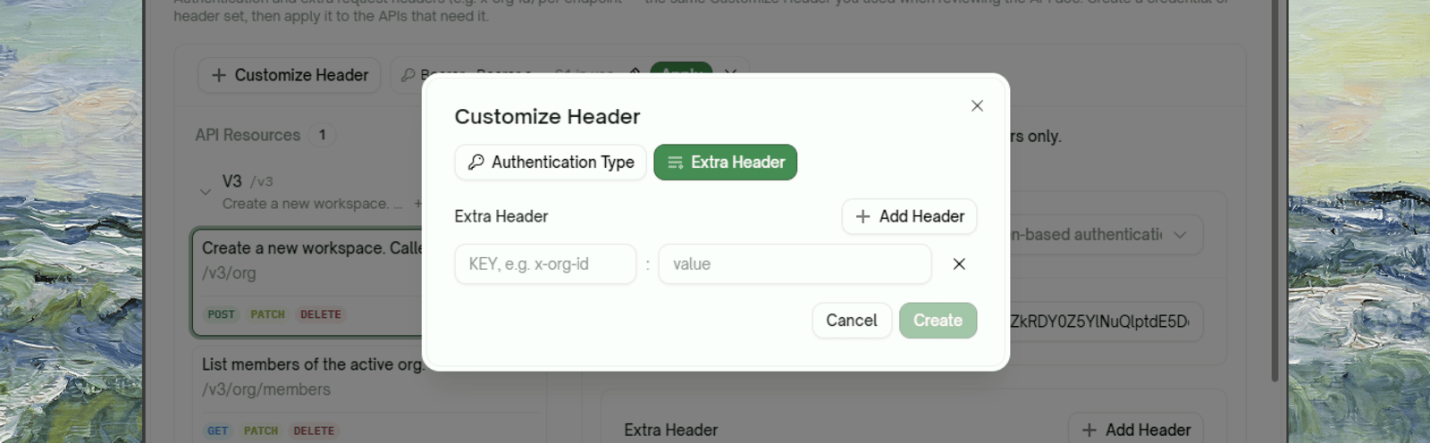 Customize Header dialog — Extra Header kind with a KEY : value row