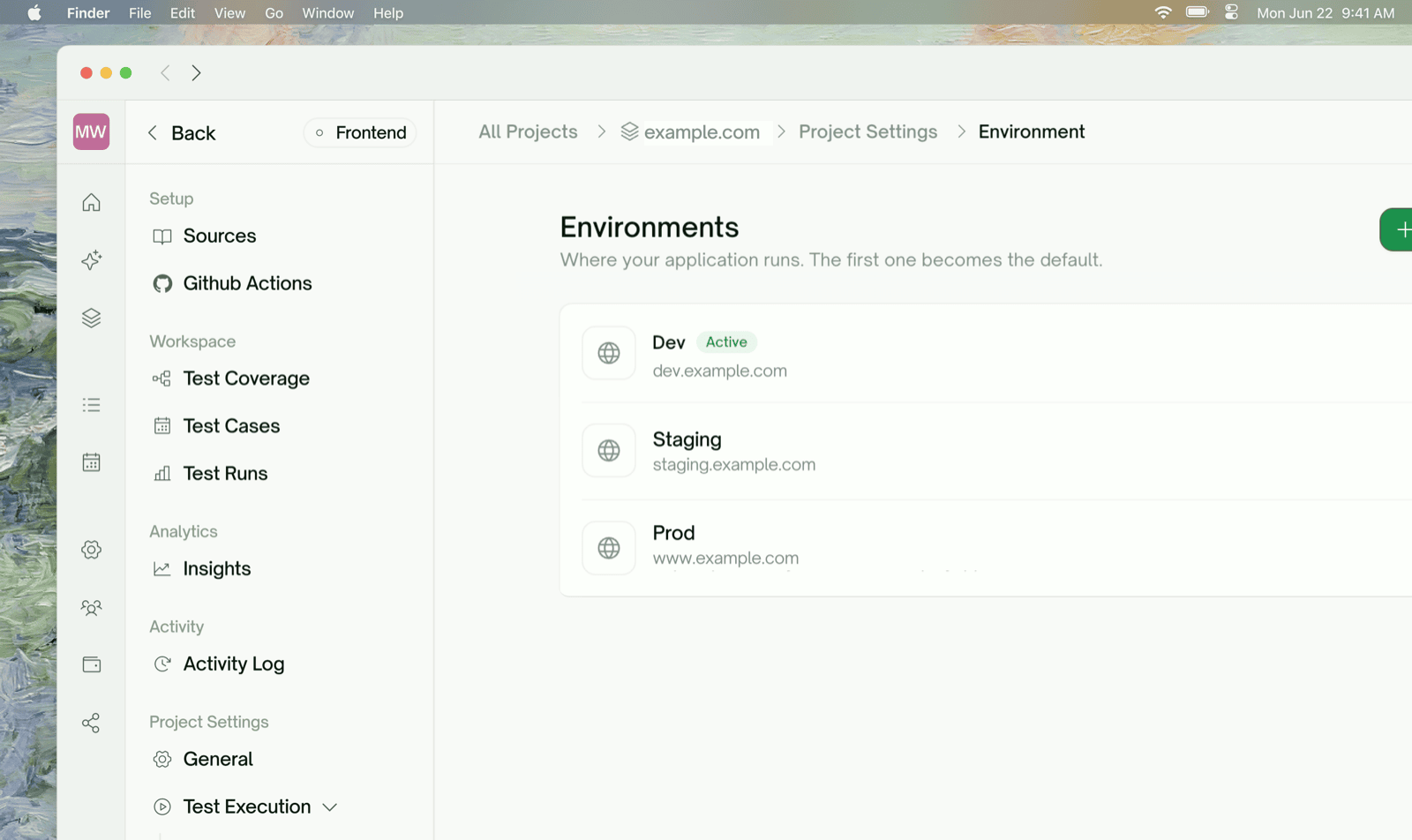 Environments list under Project Settings — the Active environment carries a badge