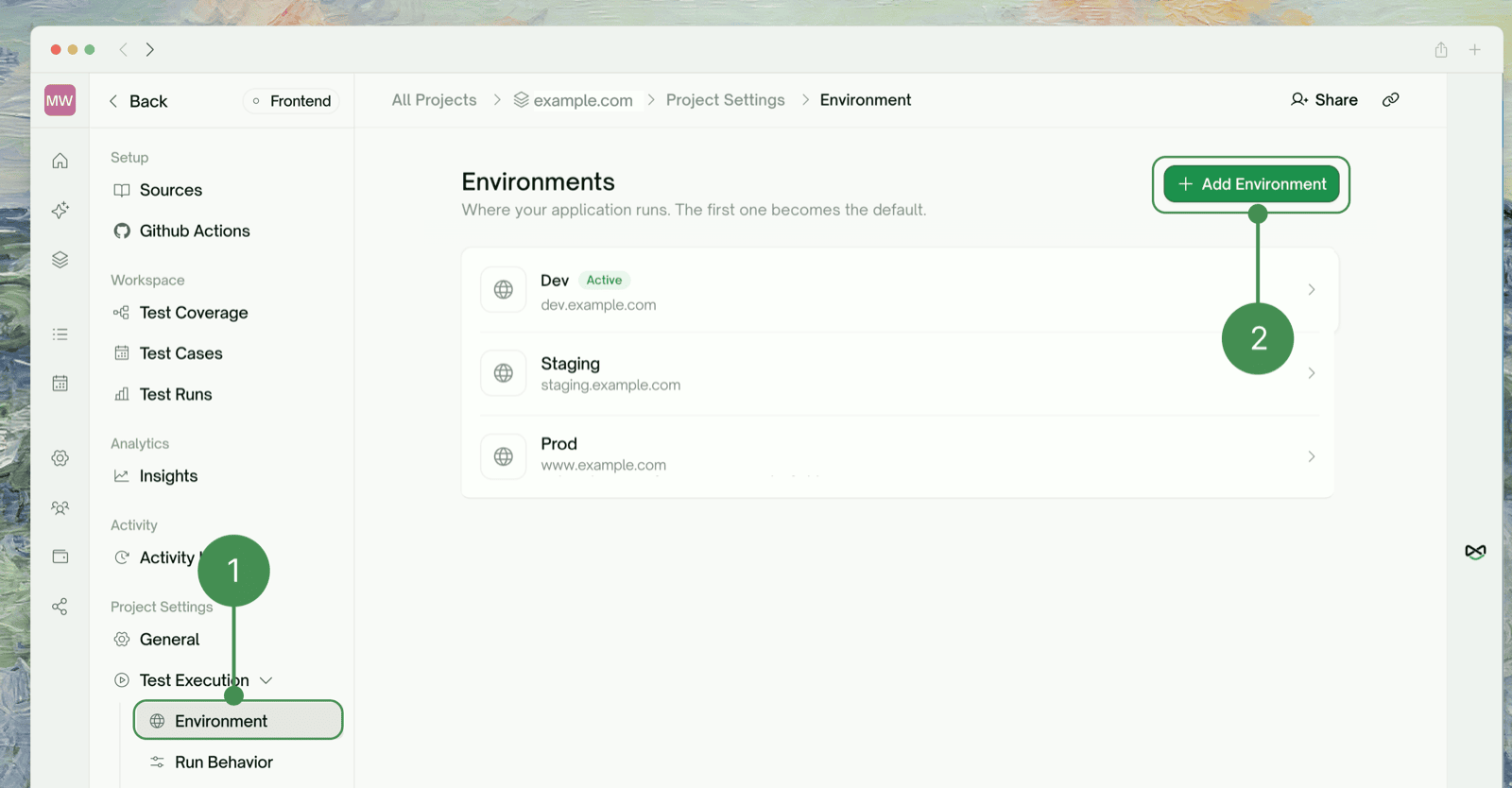 Environments settings page listing multiple environments each with its own account