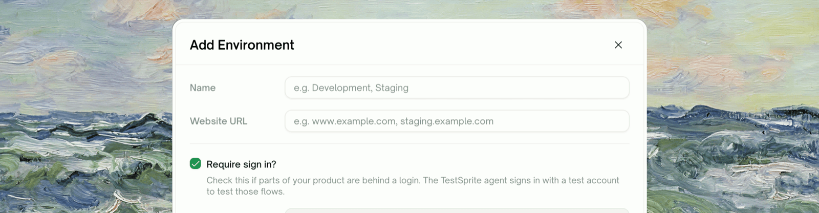 Add Environment dialog — name, URL, authentication type, custom variables, and Auto-refresh Login