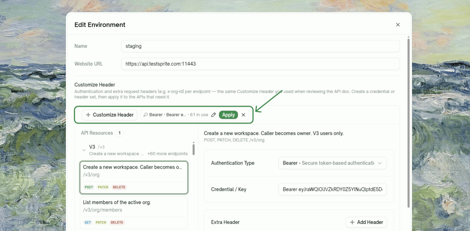 Edit Environment dialog for a backend project — Customize Header chips, the endpoint list, and the selected endpoint's credential