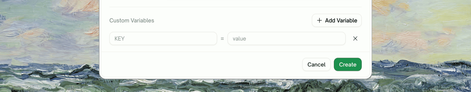 Custom Variables section of the Edit Environment dialog — Add Variable creates a KEY = value row