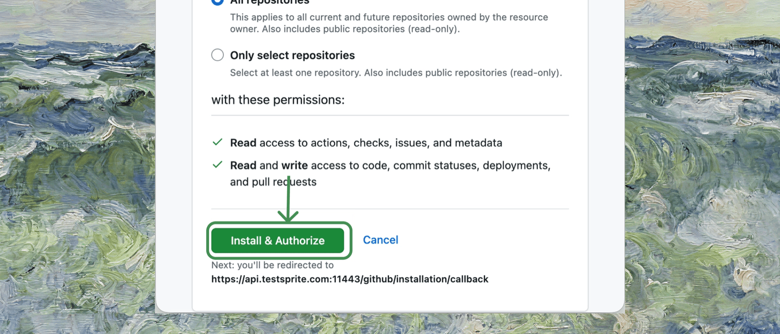 GitHub's Install & Authorize screen showing repository access and permissions