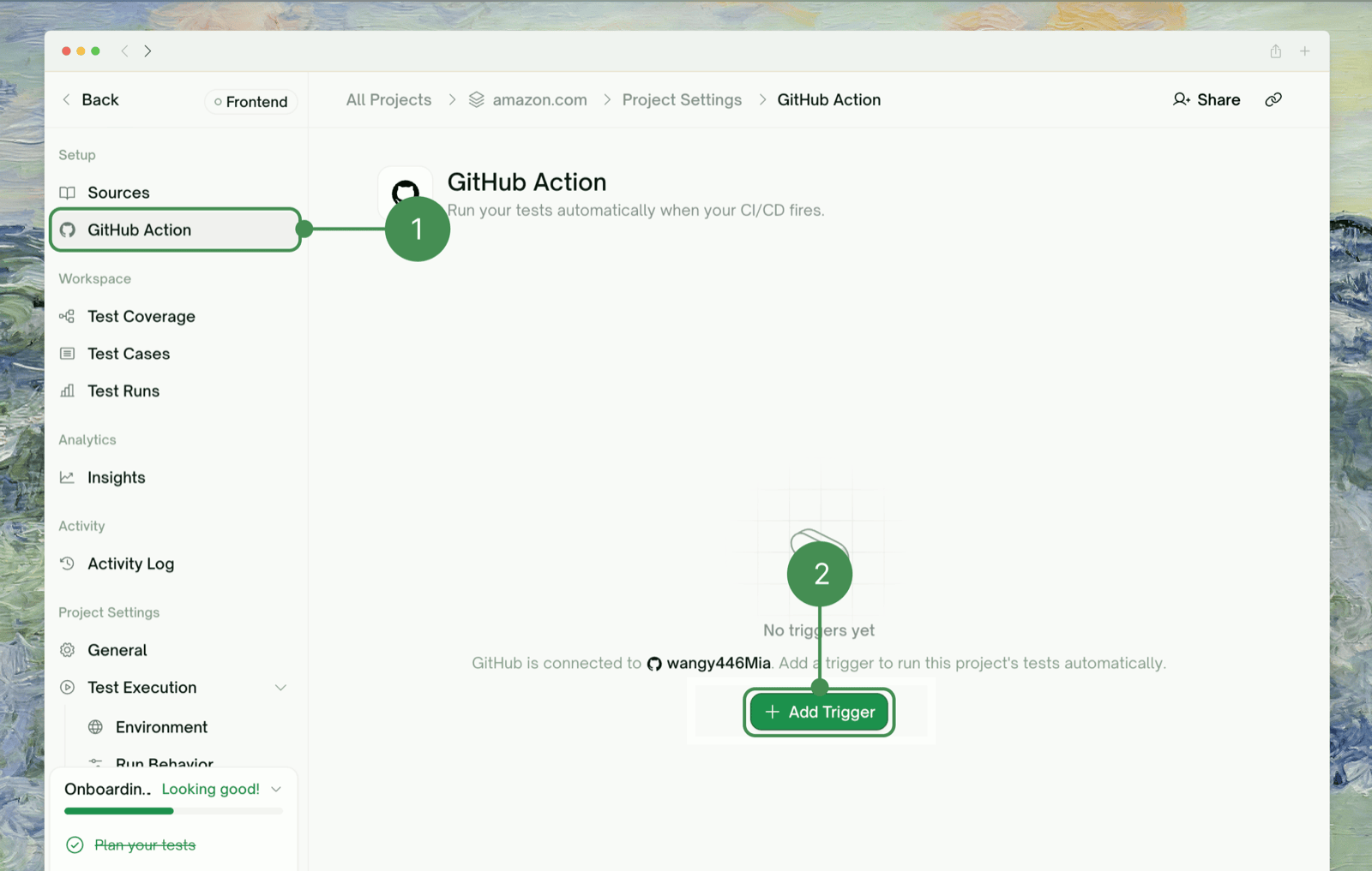 Project Settings → GitHub Action, with Add Trigger on the empty state