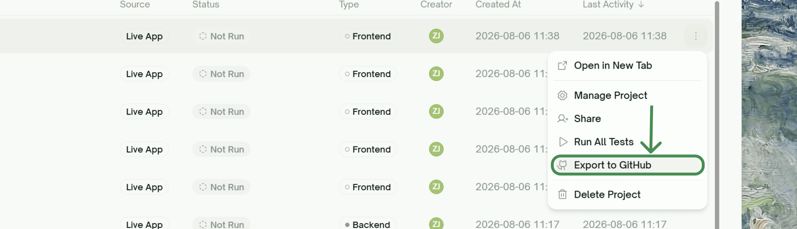 All Projects row menu with Export to GitHub option
