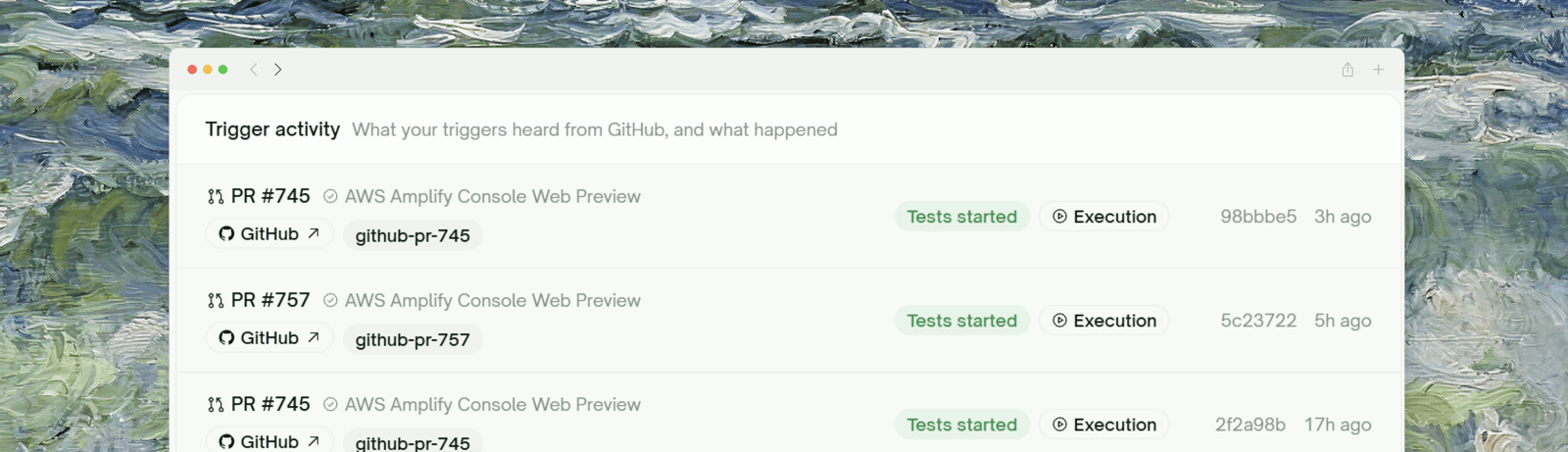 Trigger activity list — PR, matched check, outcome badge, linked execution, commit, time