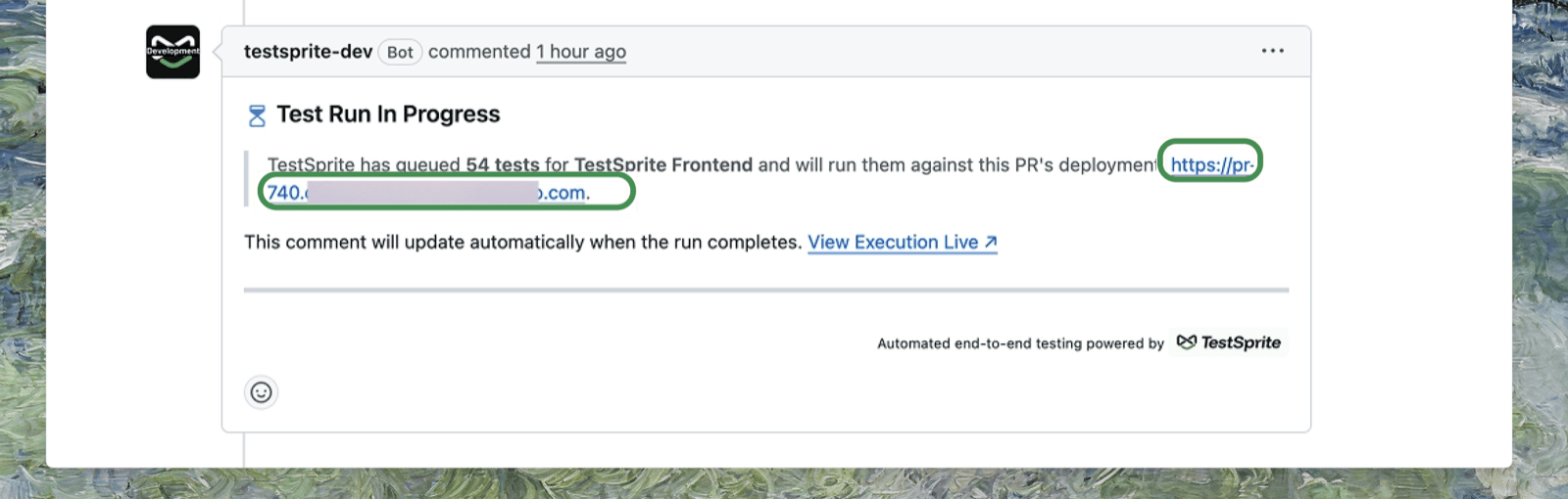 TestSprite bot comment showing Test Run In Progress on the PR