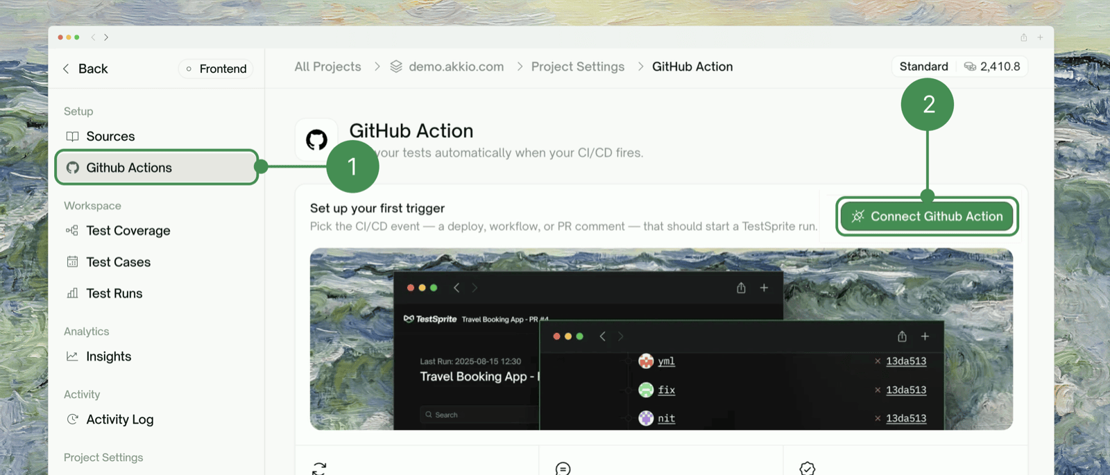 Project's GitHub Action tab, empty state with Connect Github Action button