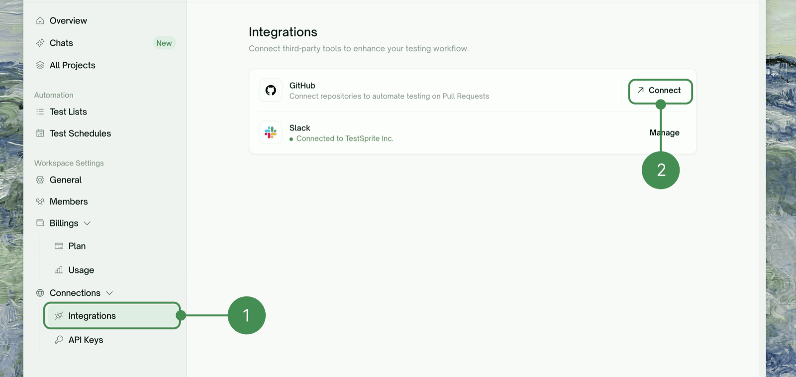 Workspace Settings → Integrations, GitHub row with Connect button