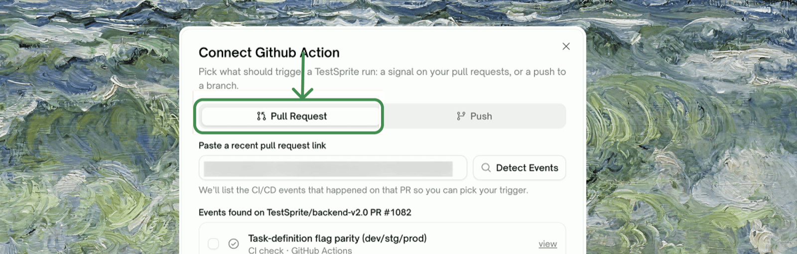 Connect Github Action modal, Pull Request tab, pasting a PR link before Detect Events