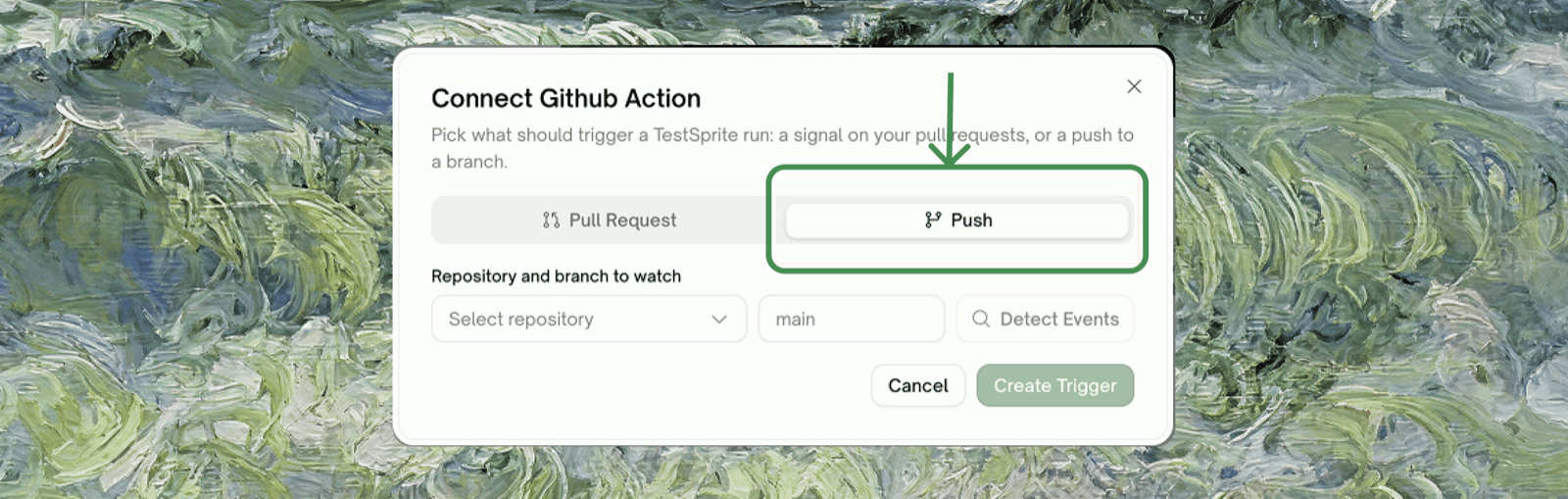 Connect Github Action modal, Push tab, repository and branch fields before Detect Events