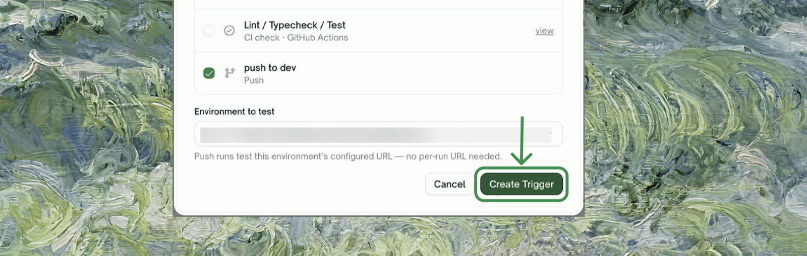 Push tab event list with a selected event and the Environment to test dropdown
