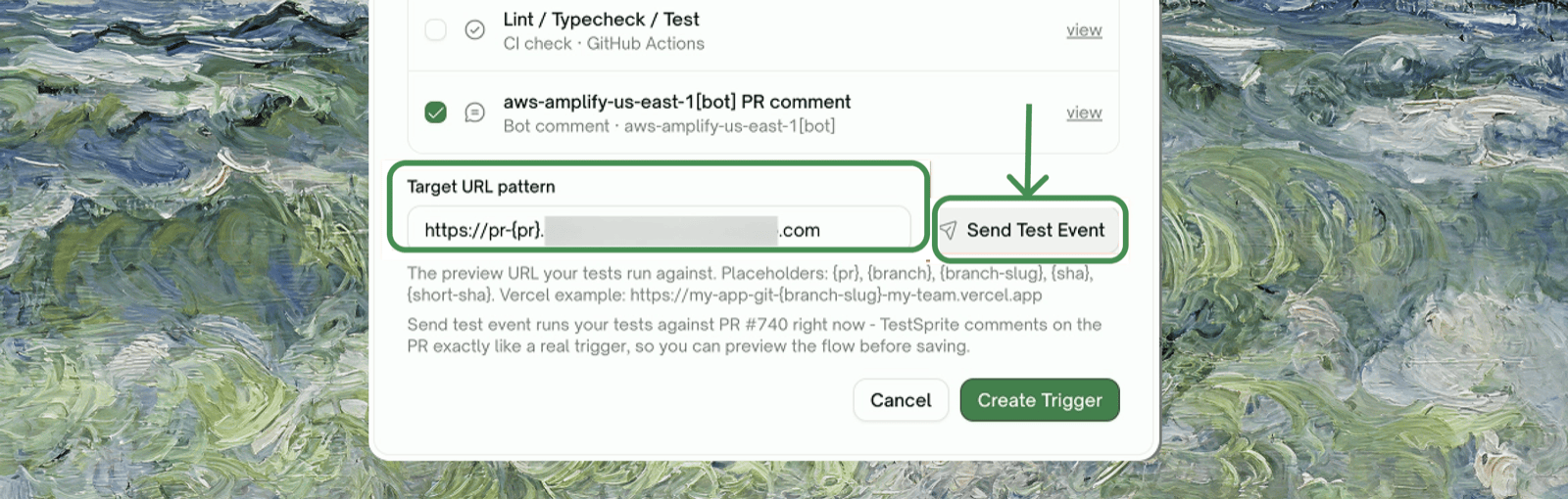 Selected event and Target URL pattern field with Send Test Event button