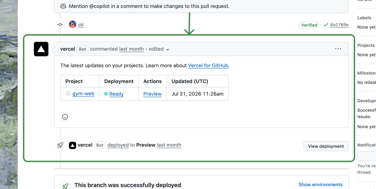 A PR showing a Vercel bot comment with a Ready preview deployment link