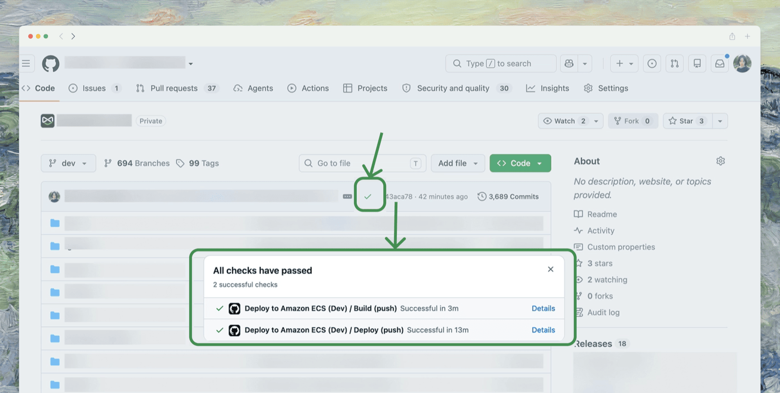 A branch showing successful deploy checks on GitHub