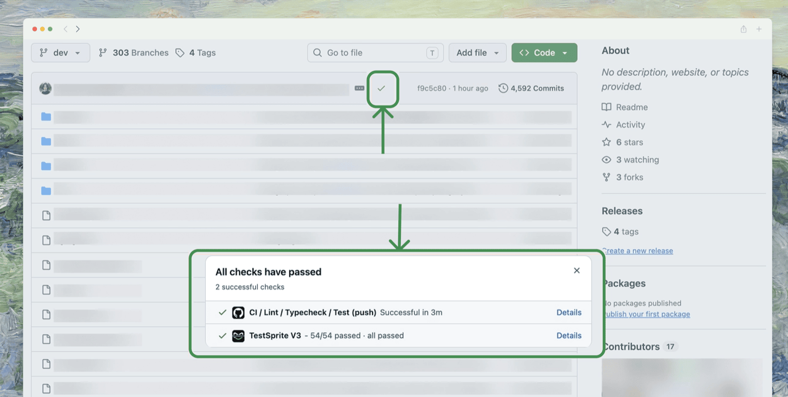 GitHub checks on a push: TestSprite passed alongside CI