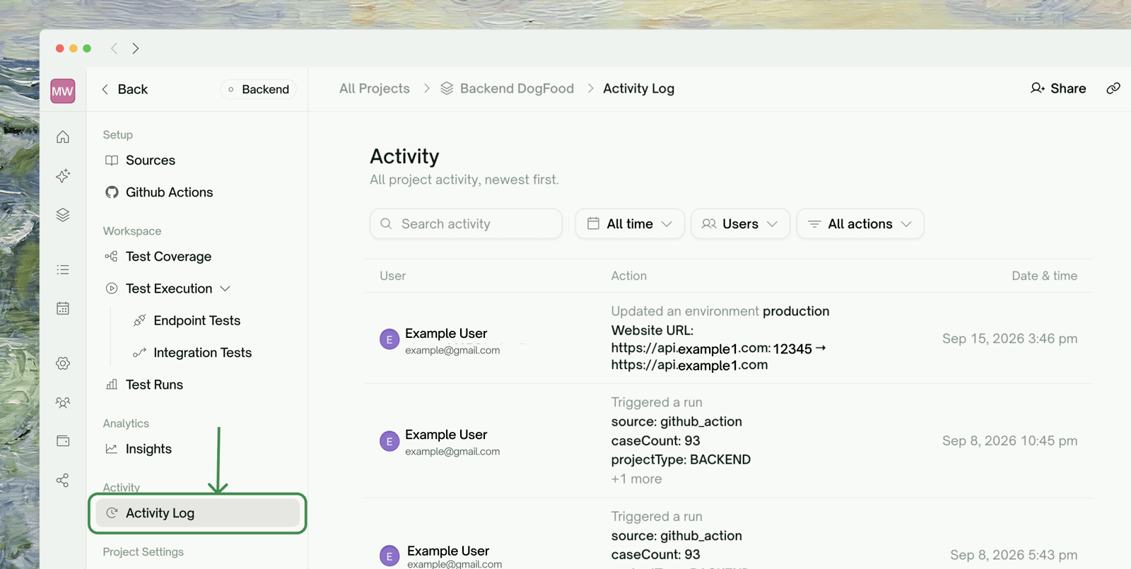 The Activity Log — all project activity, newest first, with user and event-type filters
