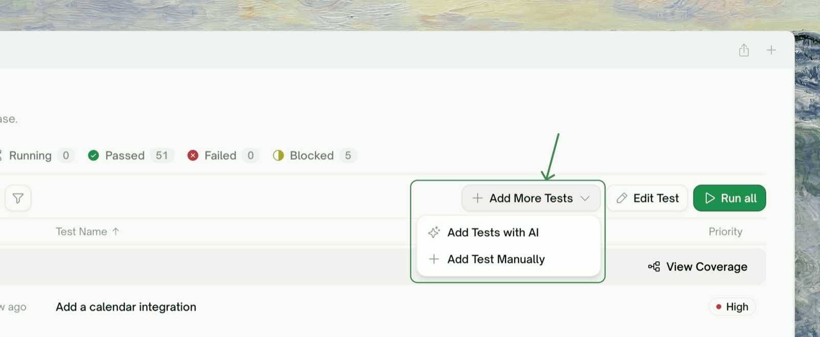 The Add More Tests dropdown, with the AI and manual paths